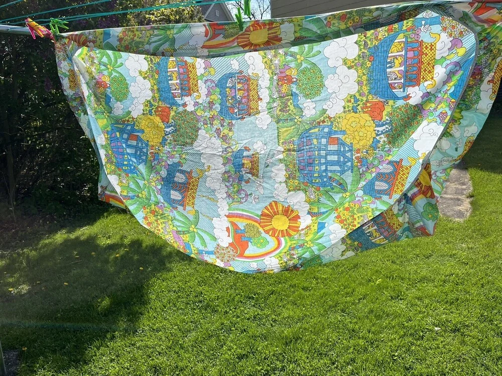 VTG Groovy Noah Ark Vintage Twin Fitted Bed Sheet Mod Psychedelic Colorful Sears